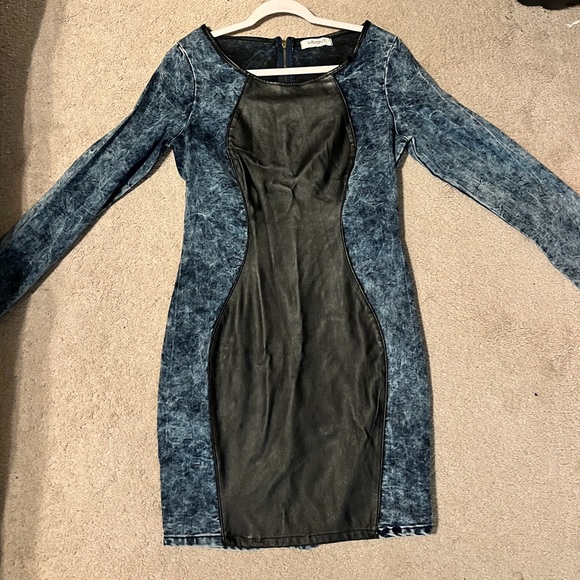 Hot Miami Styles Size Large Denim/Faux Leather Mini Dress - Picture 1 of 6